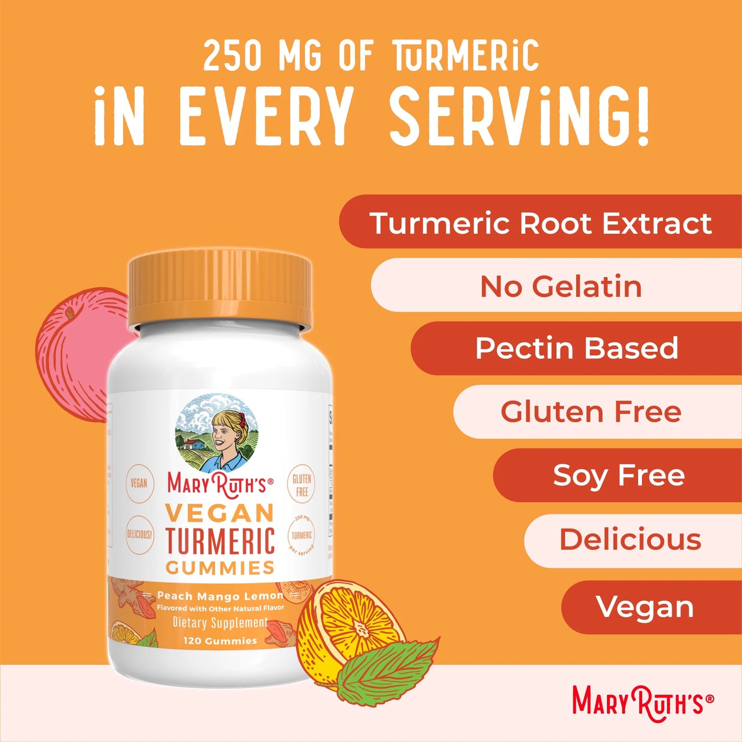 Turmeric Gummies with Curcumin, Vegan, Non-Gmo, Gluten Free, Peach, Mango & Lemon, 120 Count