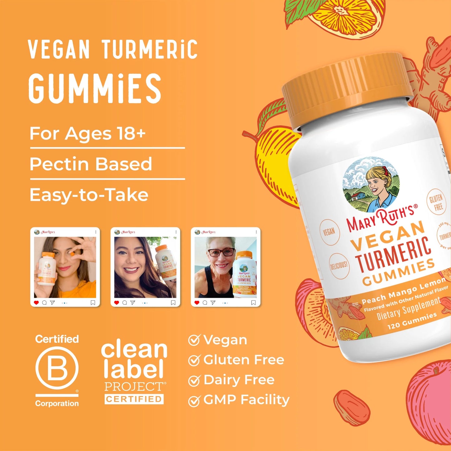 Turmeric Gummies with Curcumin, Vegan, Non-Gmo, Gluten Free, Peach, Mango & Lemon, 120 Count