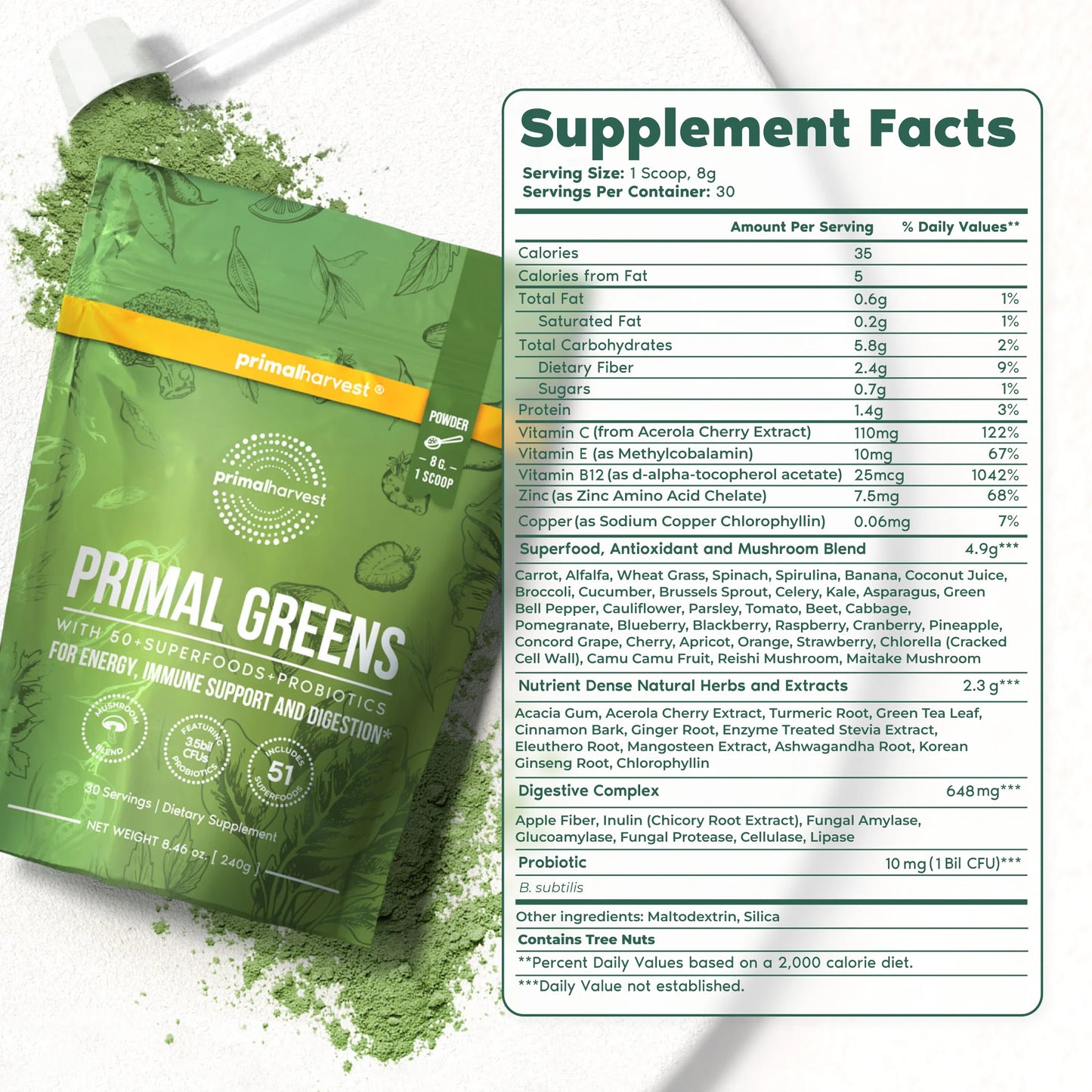 Greens Powder, 30 Scoops, Veggie Fruit and Vegetable Blend for Smoothies