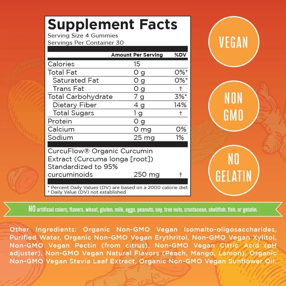 Turmeric Gummies with Curcumin, Vegan, Non-Gmo, Gluten Free, Peach, Mango & Lemon, 120 Count