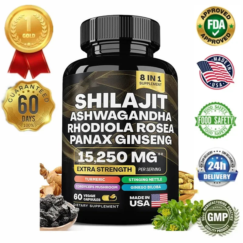 15250Mg Pure Shilajit Himalayan Capsules with Maca Ginseng Ashwagandha Turmeric, Energy Supplement Muscle Mass Endurance