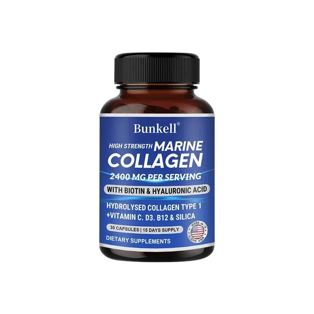 Marine Collagen - with Hyaluronic Acid, Biotin & Vitamins - 2400MG Complex, Hydrolyzed Type 1, with Vitamins & Minerals