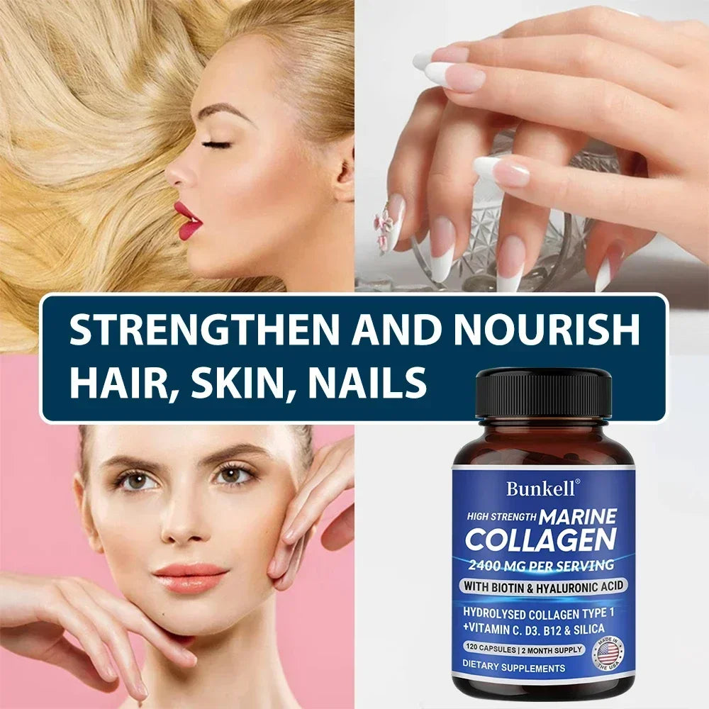 Marine Collagen - with Hyaluronic Acid, Biotin & Vitamins - 2400MG Complex, Hydrolyzed Type 1, with Vitamins & Minerals