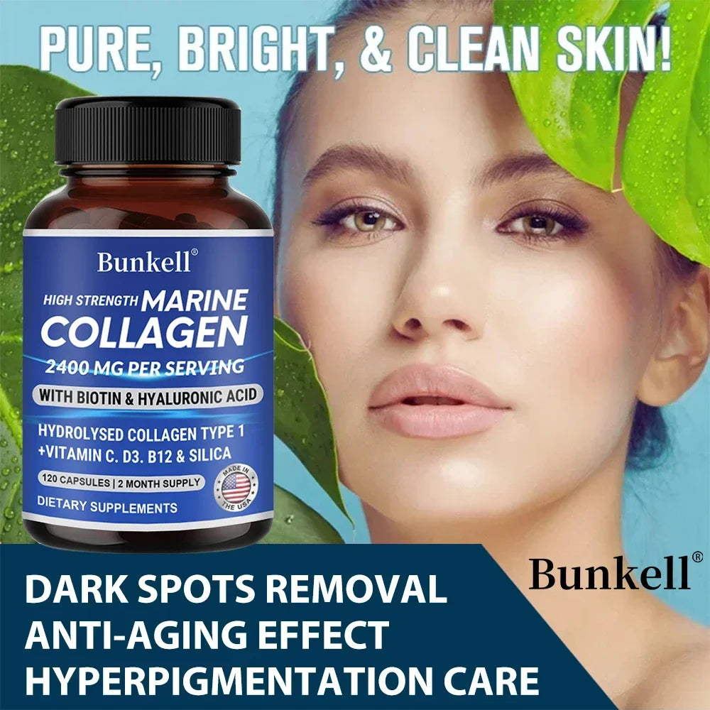 Marine Collagen - with Hyaluronic Acid, Biotin & Vitamins - 2400MG Complex, Hydrolyzed Type 1, with Vitamins & Minerals