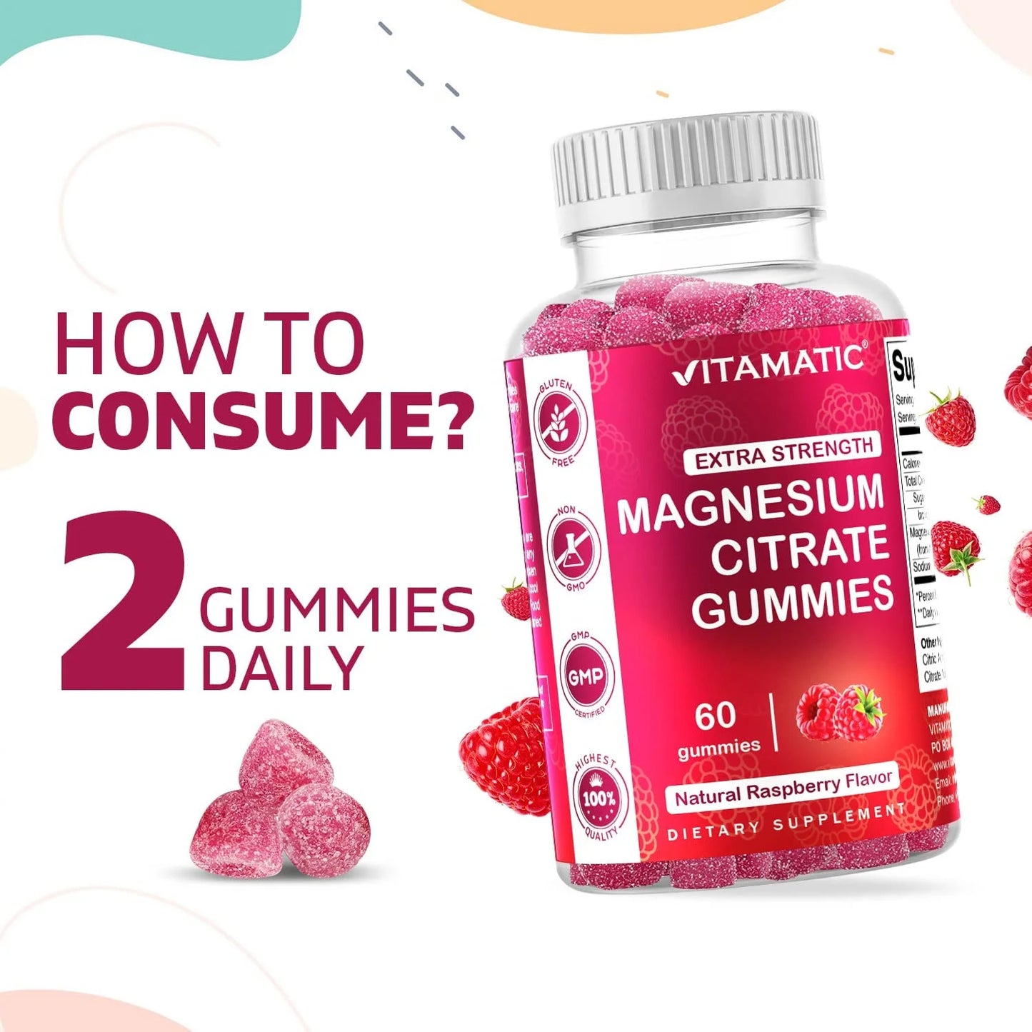 Extra Strength Magnesium Gummies 255 Mg (Elemental Mg) per Serving - 60 Vegan Gummies - Promotes Healthy Relaxation, Muscle, Bone, & Energy Support