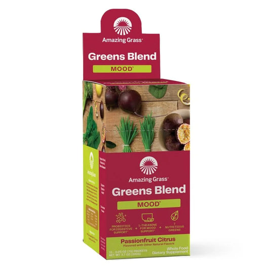Greens Blend Mood: Super Greens Powder Smoothie Mix with Organic Spirulina, Chlorella, Beet Root Powder, Digestive Enzymes & Probiotics, 15 Servings. Passionfruit Citrus
