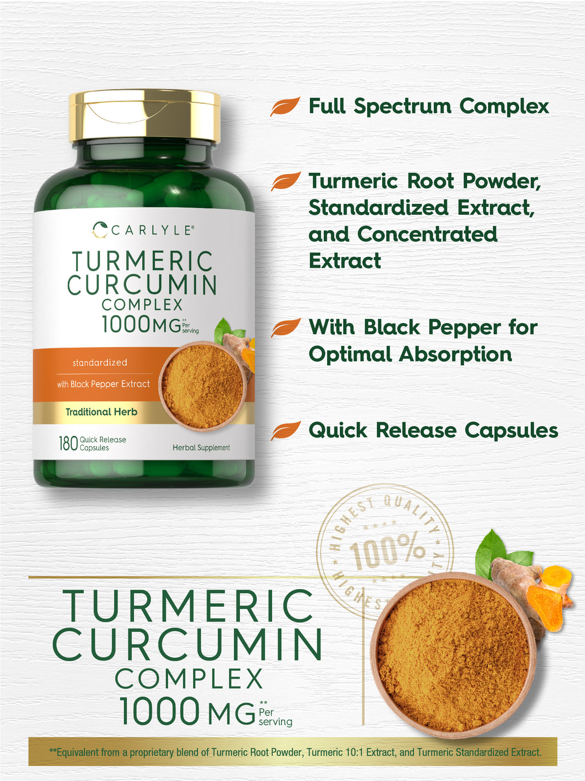 Turmeric Curcumin with Black Pepper 1000Mg | 180 Capsules | by Carlyle