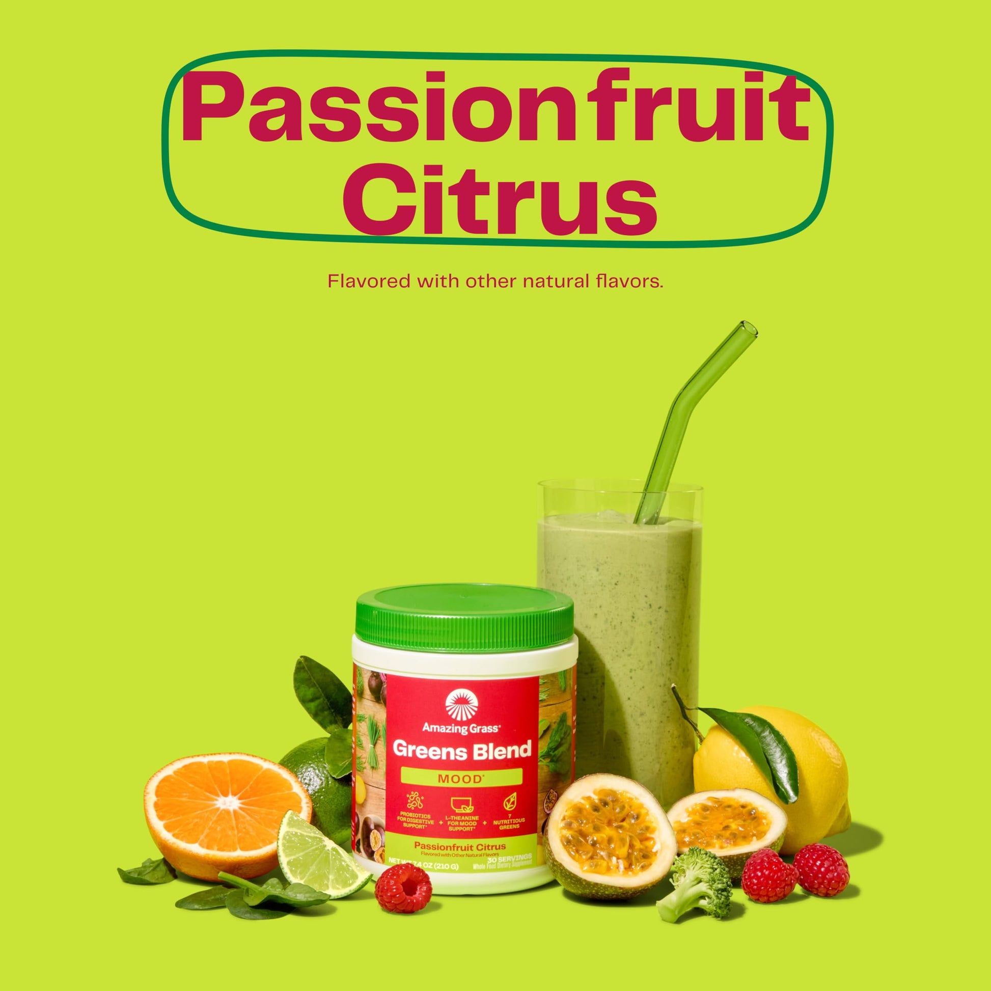 Greens Blend Mood: Super Greens Powder Smoothie Mix with Organic Spirulina, Chlorella, Beet Root Powder, Digestive Enzymes & Probiotics, 15 Servings. Passionfruit Citrus