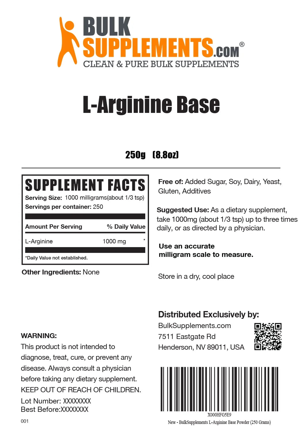 Bulksupplements L-Arginine Powder - Arginine Supplement - Unflavored, 1G per Serving, 100G (3.5 Oz)