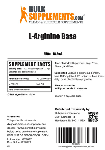 Bulksupplements L-Arginine Powder - Arginine Supplement - Unflavored, 1G per Serving, 100G (3.5 Oz)