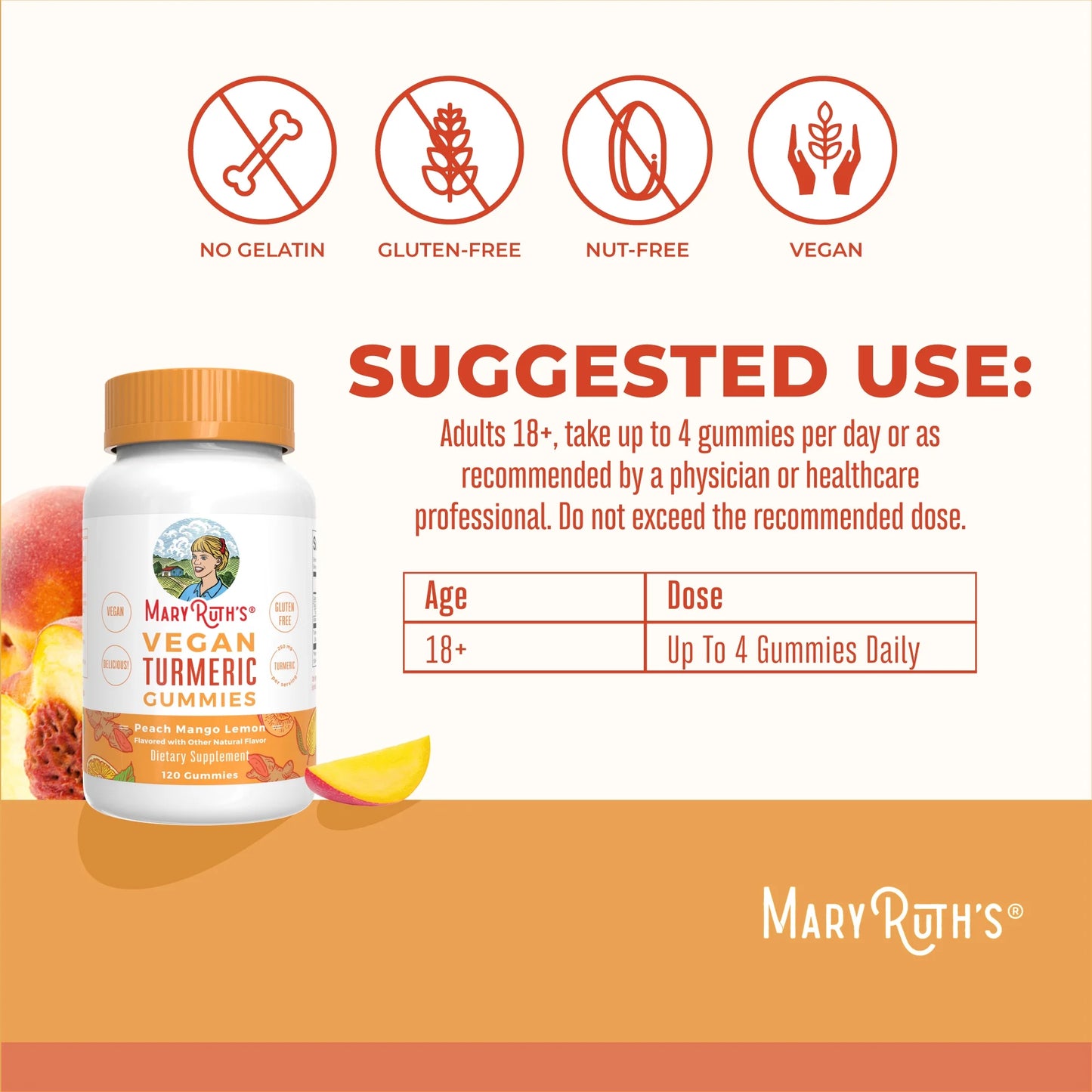 Turmeric Gummies with Curcumin, Vegan, Non-Gmo, Gluten Free, Peach, Mango & Lemon, 120 Count