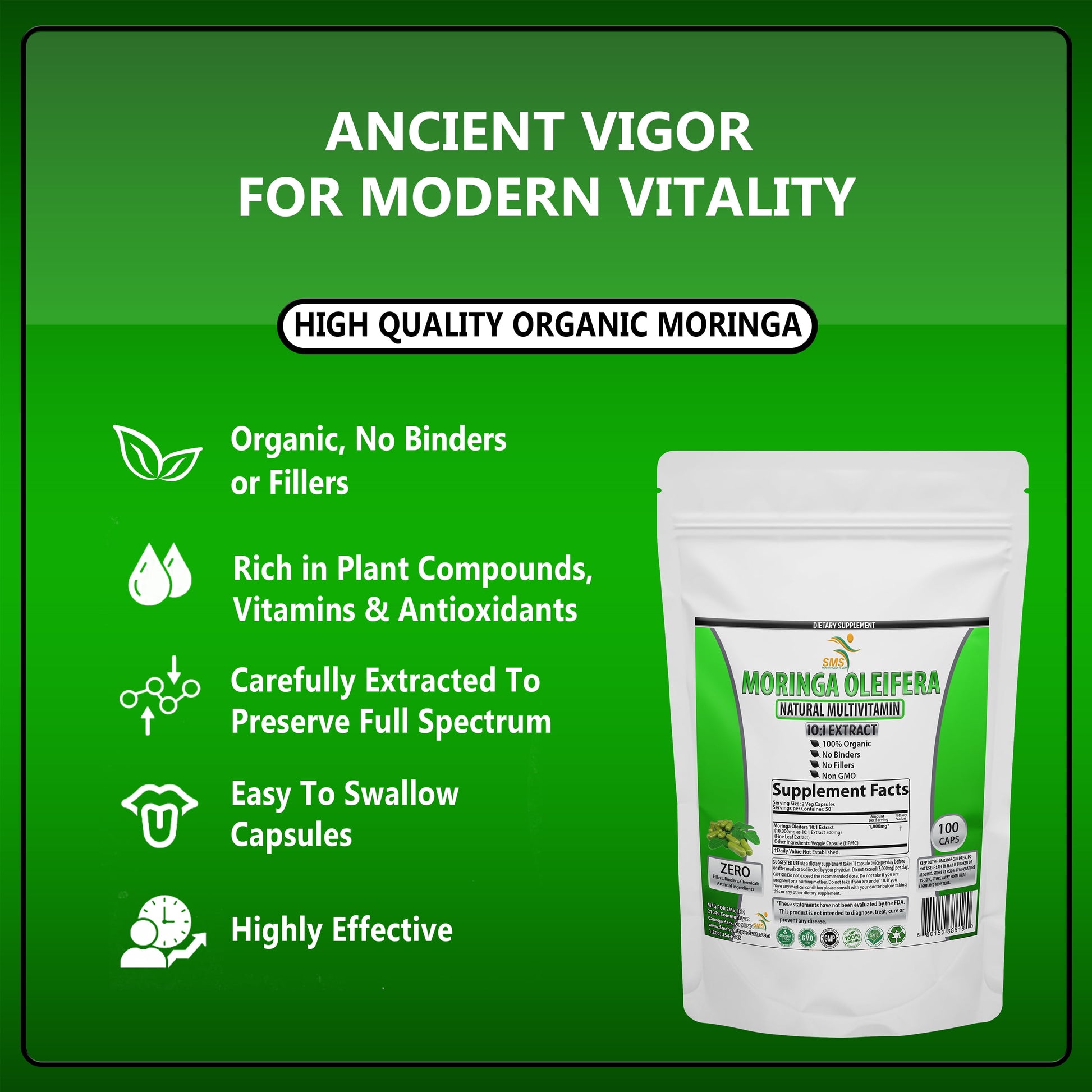 MORINGA OLEIFERA 100 CAPSULES ORGANIC MULTIVITAMIN 10,000MG HIGH POTENCY