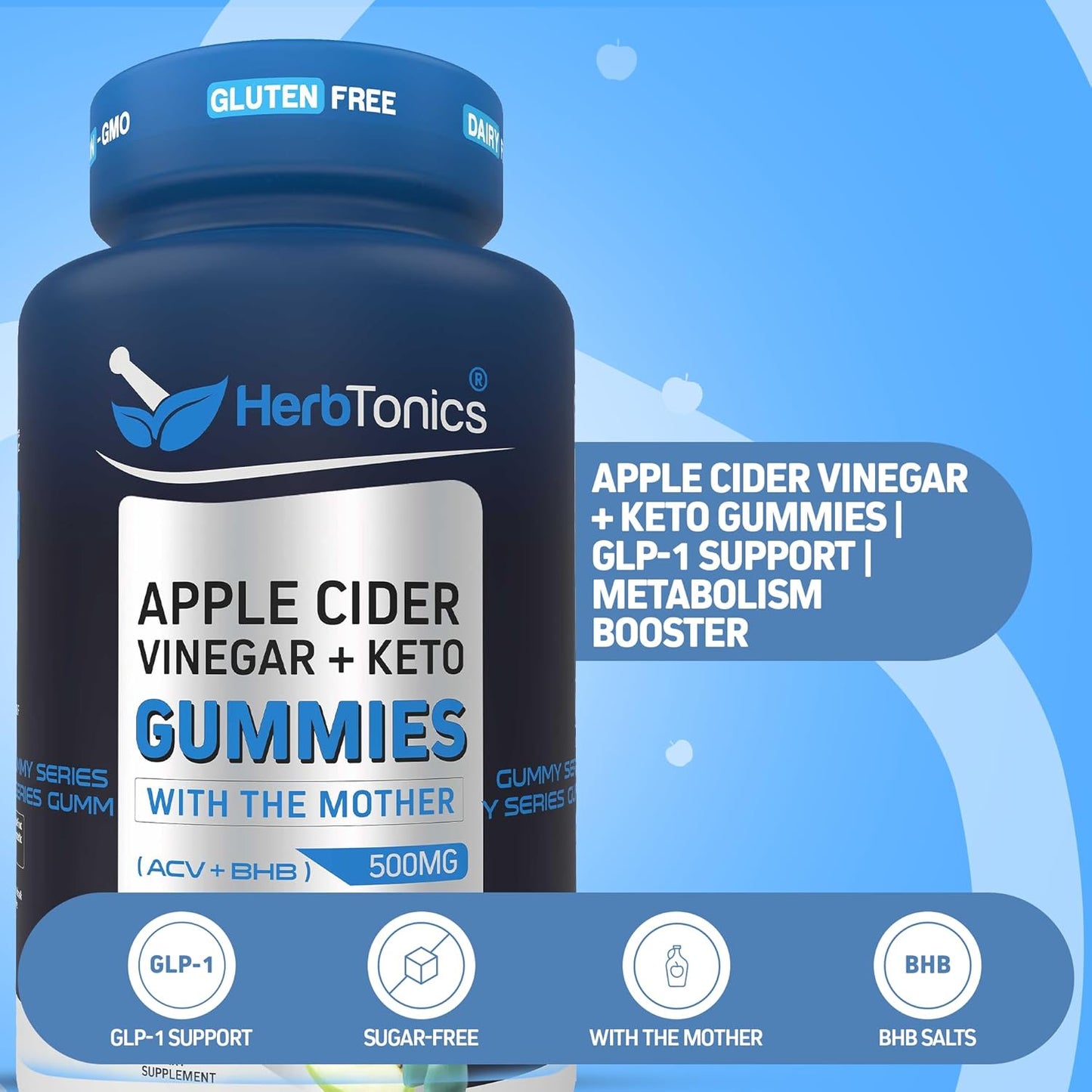 Keto Apple Cider Vinegar Gummies | Digestion & Detox | GLP-1 Support | Sugar Free BHB Advanced Formula for Keto Support - Raw ACV with the Mother - 60 Vegan ACV Gummies