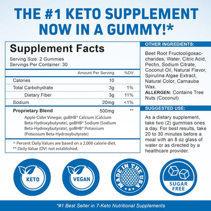 Keto Apple Cider Vinegar Gummies | Digestion & Detox | GLP-1 Support | Sugar Free BHB Advanced Formula for Keto Support - Raw ACV with the Mother - 60 Vegan ACV Gummies