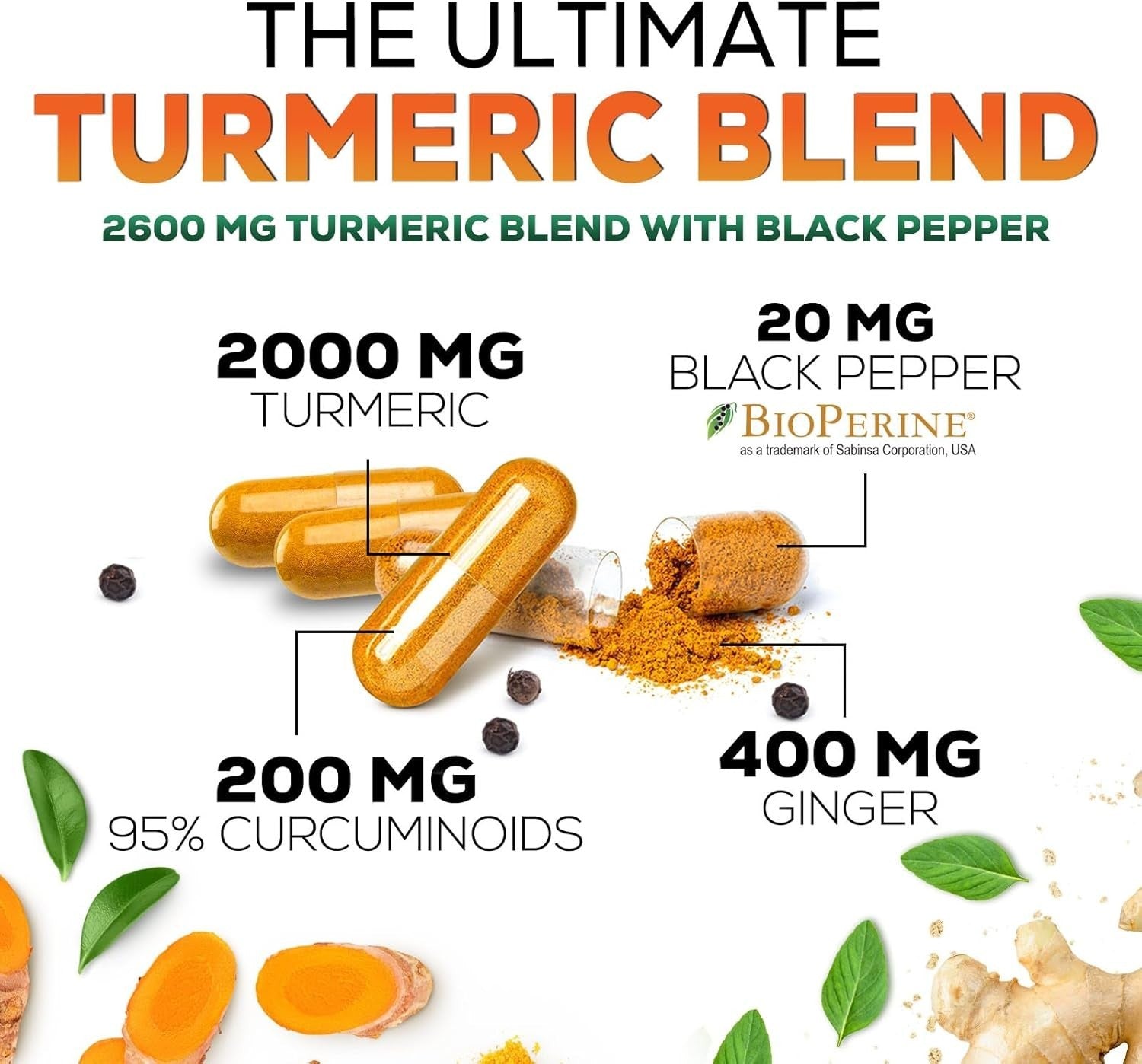 Turmeric Curcumin Supplement 2600Mg Organic Ginger Turmeric, Bioperine Black 95%