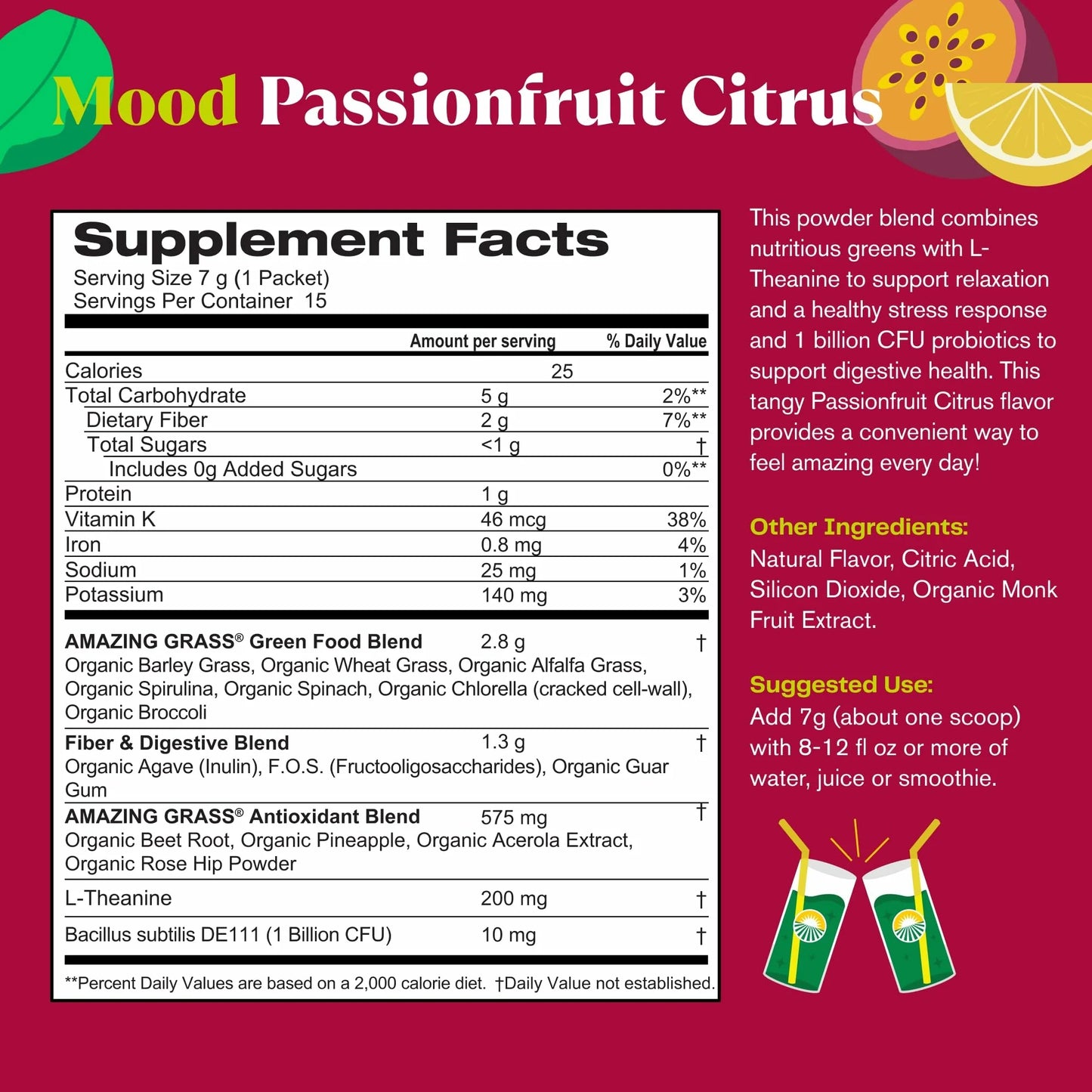 Greens Blend Mood: Super Greens Powder Smoothie Mix with Organic Spirulina, Chlorella, Beet Root Powder, Digestive Enzymes & Probiotics, 15 Servings. Passionfruit Citrus
