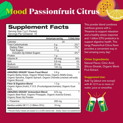Greens Blend Mood: Super Greens Powder Smoothie Mix with Organic Spirulina, Chlorella, Beet Root Powder, Digestive Enzymes & Probiotics, 15 Servings. Passionfruit Citrus