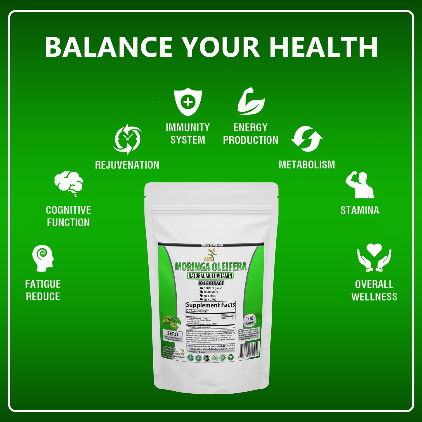 MORINGA OLEIFERA 100 CAPSULES ORGANIC MULTIVITAMIN 10,000MG HIGH POTENCY