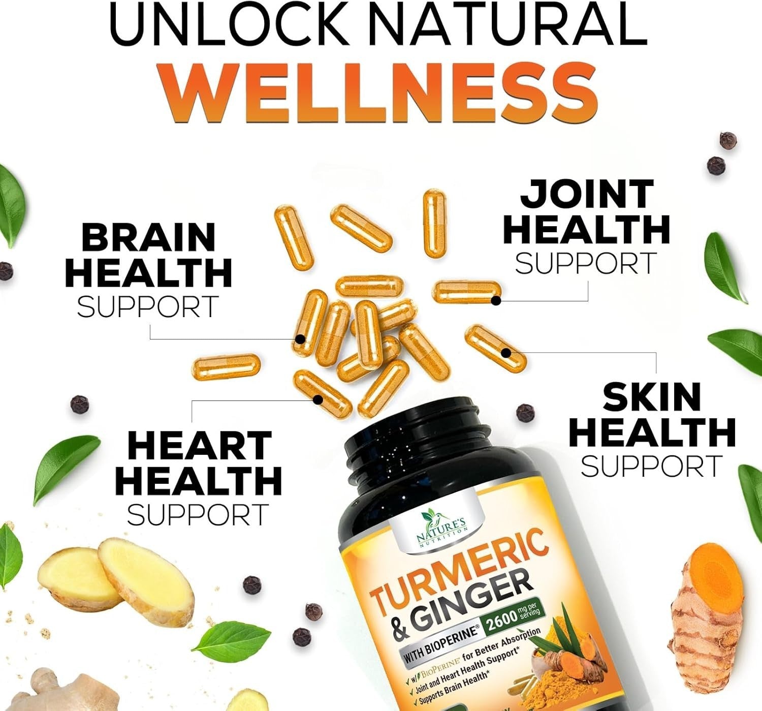 Turmeric Curcumin Supplement 2600Mg Organic Ginger Turmeric, Bioperine Black 95%