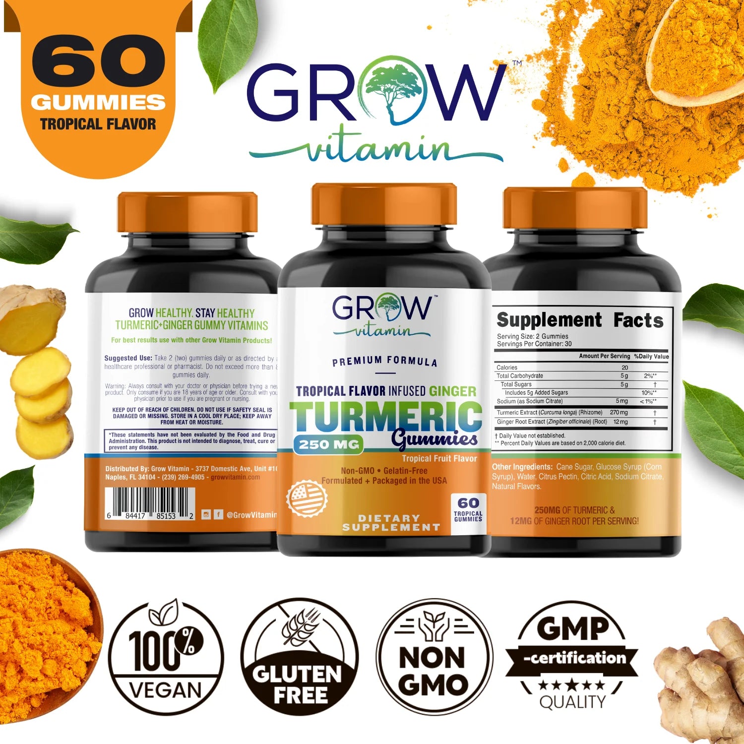 Turmeric Gummies for Adults & Kids with Ginger Extract | 95% Curcuminoids | Vegan Natural Curcumin Joint Support | 120 Turmeric Gummy Supplements (2-Pack of 60)