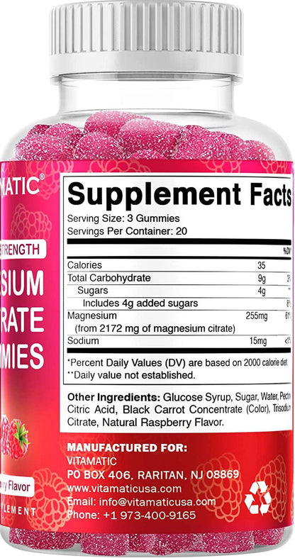 Extra Strength Magnesium Gummies 255 Mg (Elemental Mg) per Serving - 60 Vegan Gummies - Promotes Healthy Relaxation, Muscle, Bone, & Energy Support