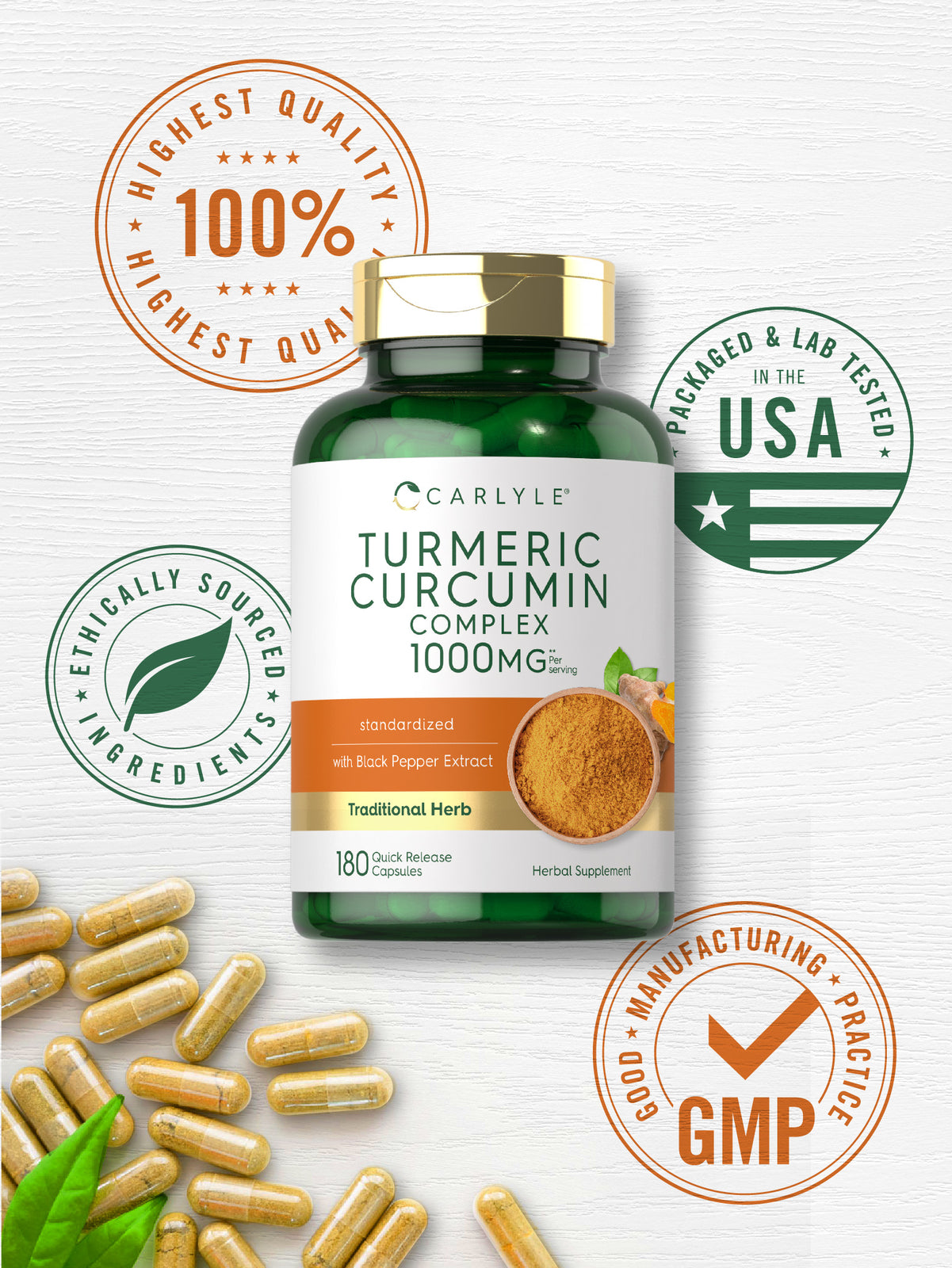 Turmeric Curcumin with Black Pepper 1000Mg | 180 Capsules | by Carlyle