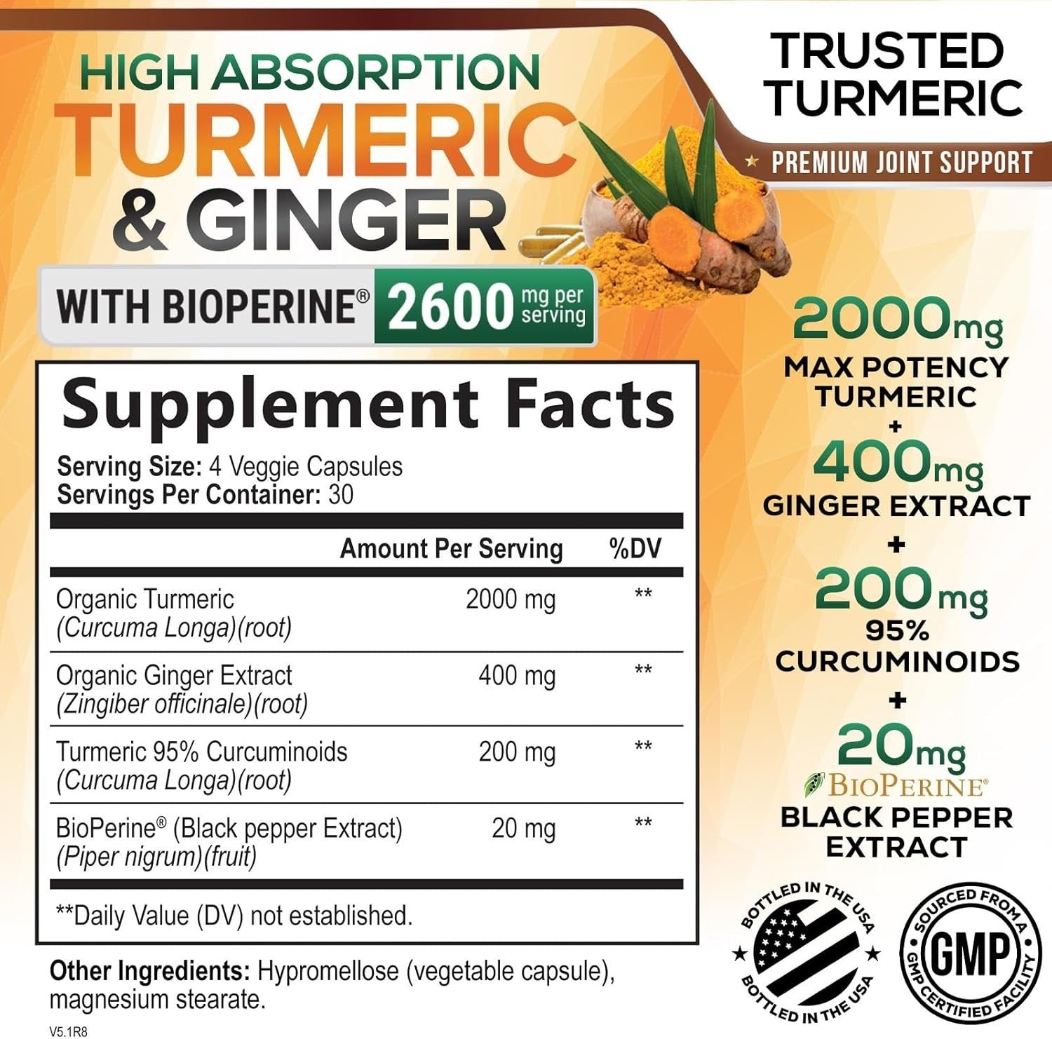 Turmeric Curcumin Supplement 2600Mg Organic Ginger Turmeric, Bioperine Black 95%