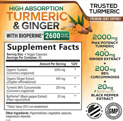 Turmeric Curcumin Supplement 2600Mg Organic Ginger Turmeric, Bioperine Black 95%