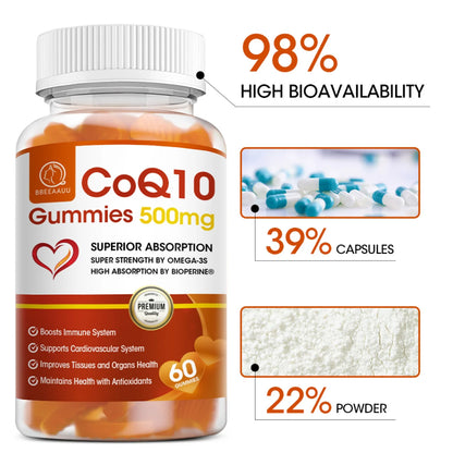 COQ10 Gummies Supplement, Ultra High Absorption Coq10 500Mg, Support Heart Health, Gluten Free (60 Veg Gummies)