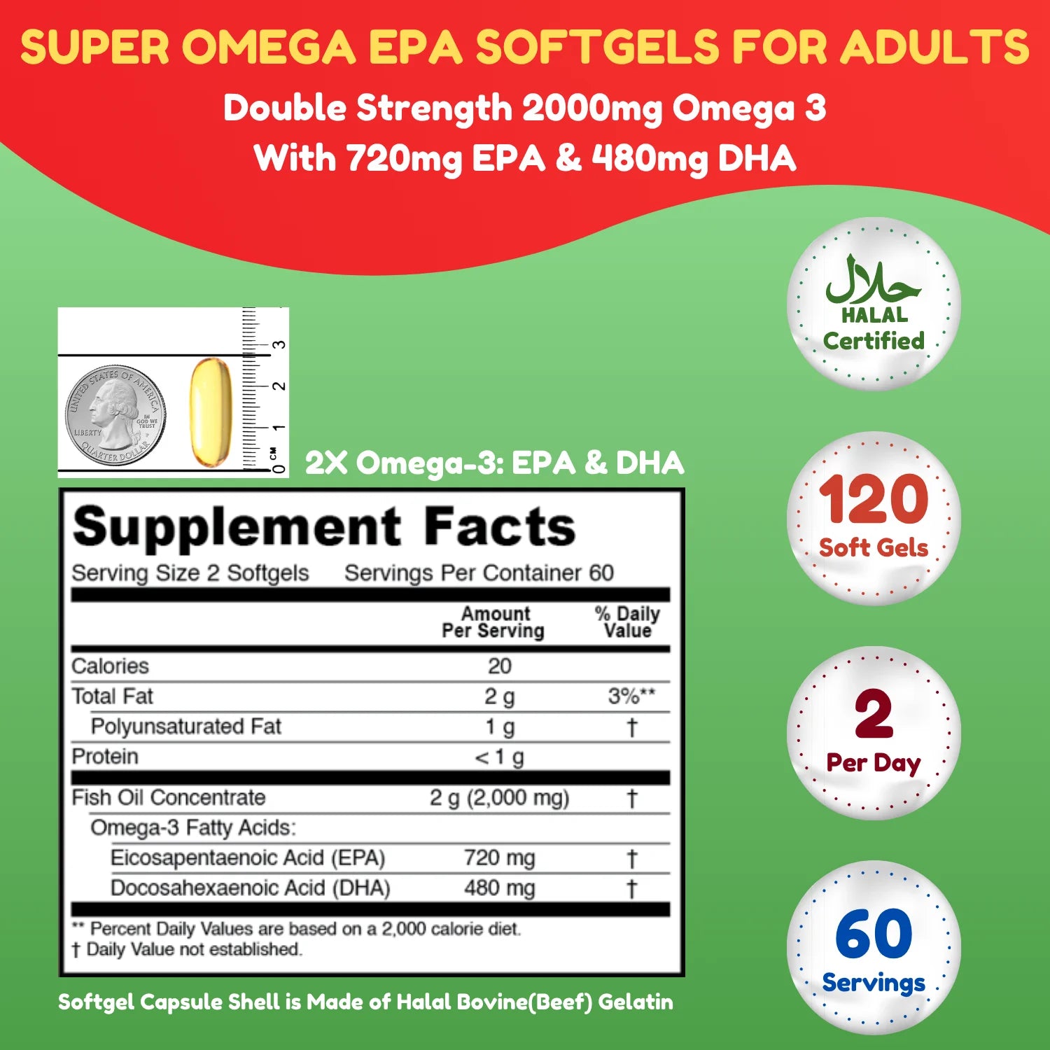 Double Strength Wild-Caught Omega-3 Fish Oil with 480Mg DHA, 720Mg EPA – Supports Heart, Brain & Joint Health