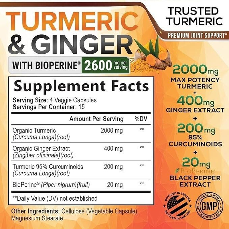 Turmeric Curcumin Supplement 2600Mg Organic Ginger Turmeric, Bioperine Black 95%