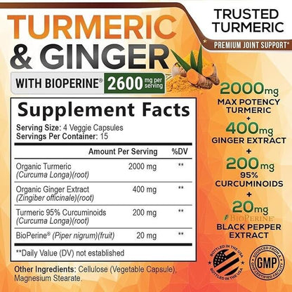 Turmeric Curcumin Supplement 2600Mg Organic Ginger Turmeric, Bioperine Black 95%