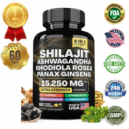 15250Mg Pure Shilajit Himalayan Capsules with Maca Ginseng Ashwagandha Turmeric, Energy Supplement Muscle Mass Endurance