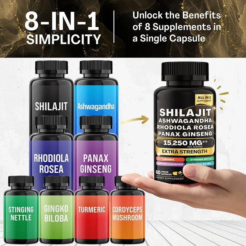 15250Mg Pure Shilajit Himalayan Capsules with Maca Ginseng Ashwagandha Turmeric, Energy Supplement Muscle Mass Endurance