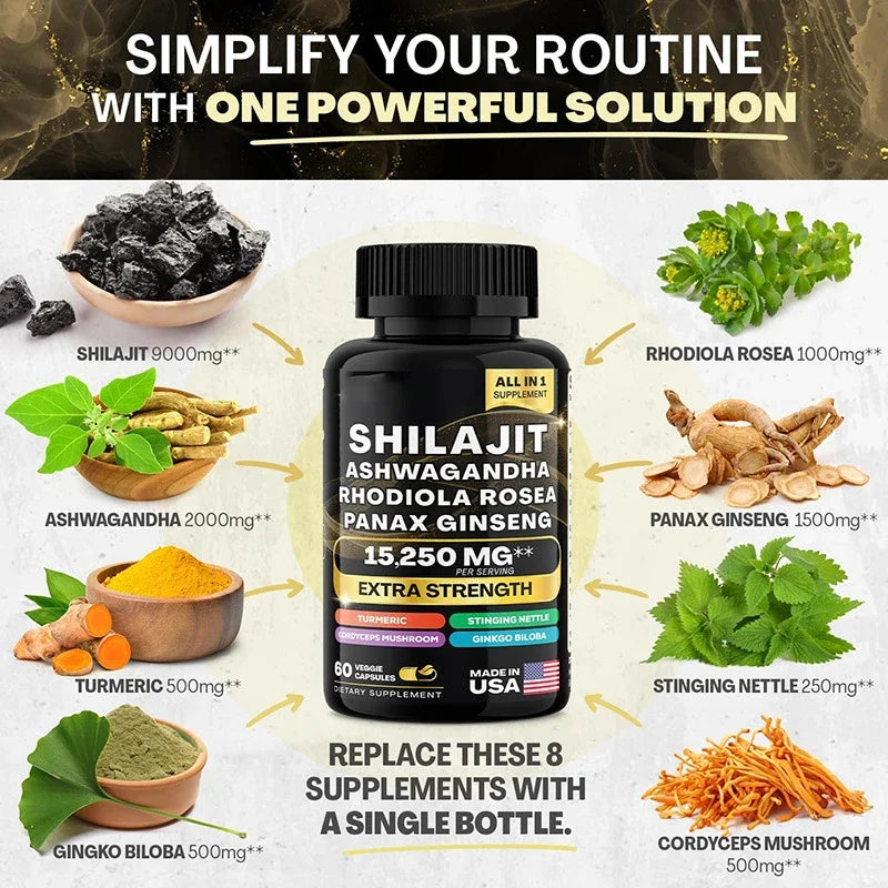15250Mg Pure Shilajit Himalayan Capsules with Maca Ginseng Ashwagandha Turmeric, Energy Supplement Muscle Mass Endurance