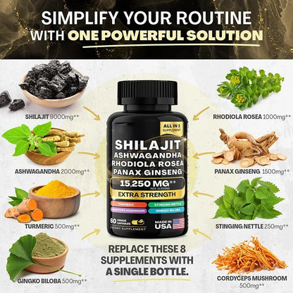 15250Mg Pure Shilajit Himalayan Capsules with Maca Ginseng Ashwagandha Turmeric, Energy Supplement Muscle Mass Endurance