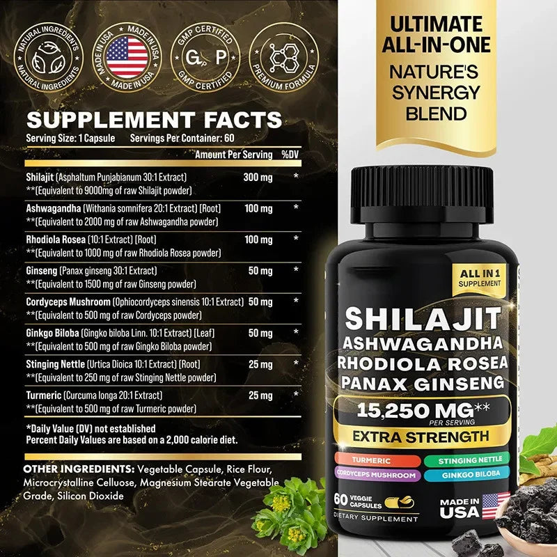 15250Mg Pure Shilajit Himalayan Capsules with Maca Ginseng Ashwagandha Turmeric, Energy Supplement Muscle Mass Endurance