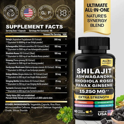 15250Mg Pure Shilajit Himalayan Capsules with Maca Ginseng Ashwagandha Turmeric, Energy Supplement Muscle Mass Endurance