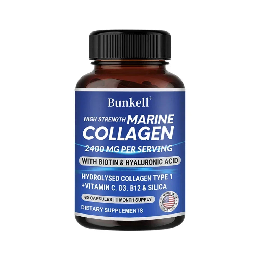 Marine Collagen - with Hyaluronic Acid, Biotin & Vitamins - 2400MG Complex, Hydrolyzed Type 1, with Vitamins & Minerals