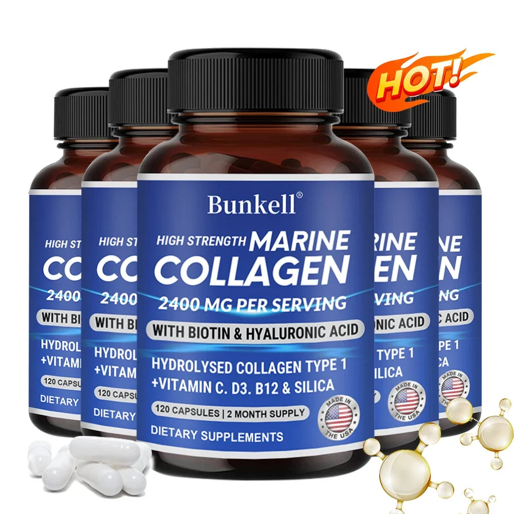 Marine Collagen - with Hyaluronic Acid, Biotin & Vitamins - 2400MG Complex, Hydrolyzed Type 1, with Vitamins & Minerals