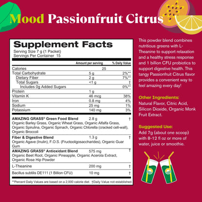 Greens Blend Mood: Super Greens Powder Smoothie Mix with Organic Spirulina, Chlorella, Beet Root Powder, Digestive Enzymes & Probiotics, 15 Servings. Passionfruit Citrus