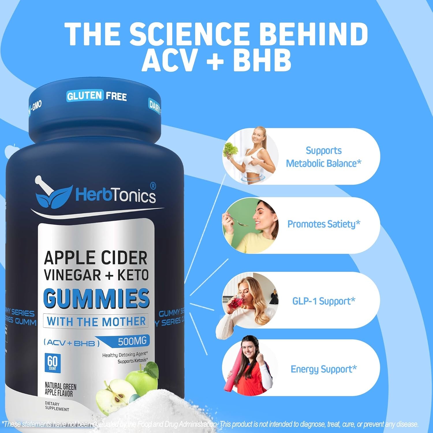 Keto Apple Cider Vinegar Gummies | Digestion & Detox | GLP-1 Support | Sugar Free BHB Advanced Formula for Keto Support - Raw ACV with the Mother - 60 Vegan ACV Gummies