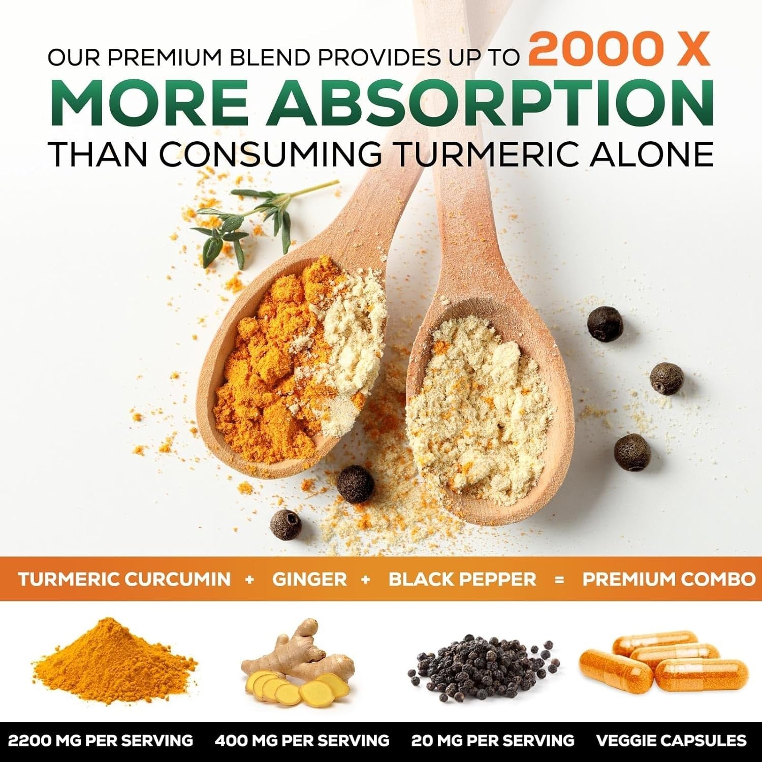 Turmeric Curcumin Supplement 2600Mg Organic Ginger Turmeric, Bioperine Black 95%