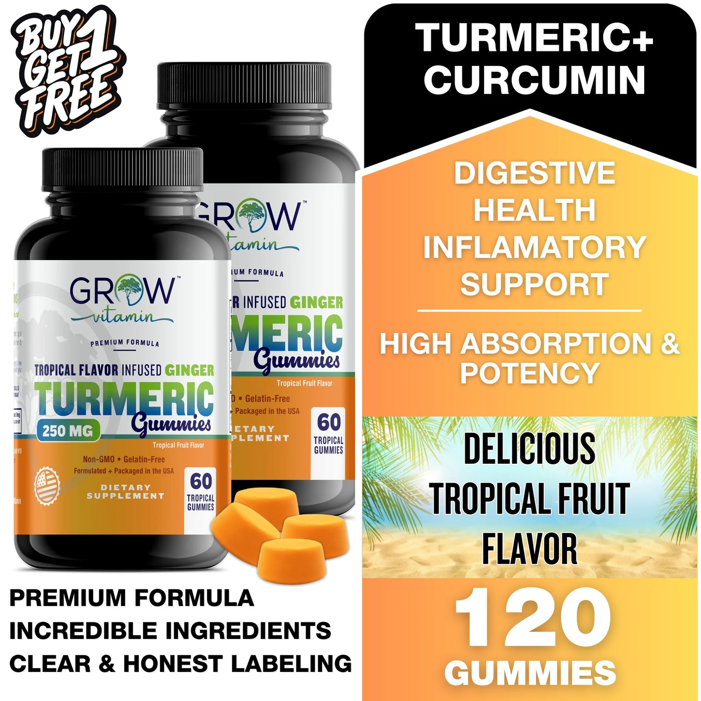Turmeric Gummies for Adults & Kids with Ginger Extract | 95% Curcuminoids | Vegan Natural Curcumin Joint Support | 120 Turmeric Gummy Supplements (2-Pack of 60)