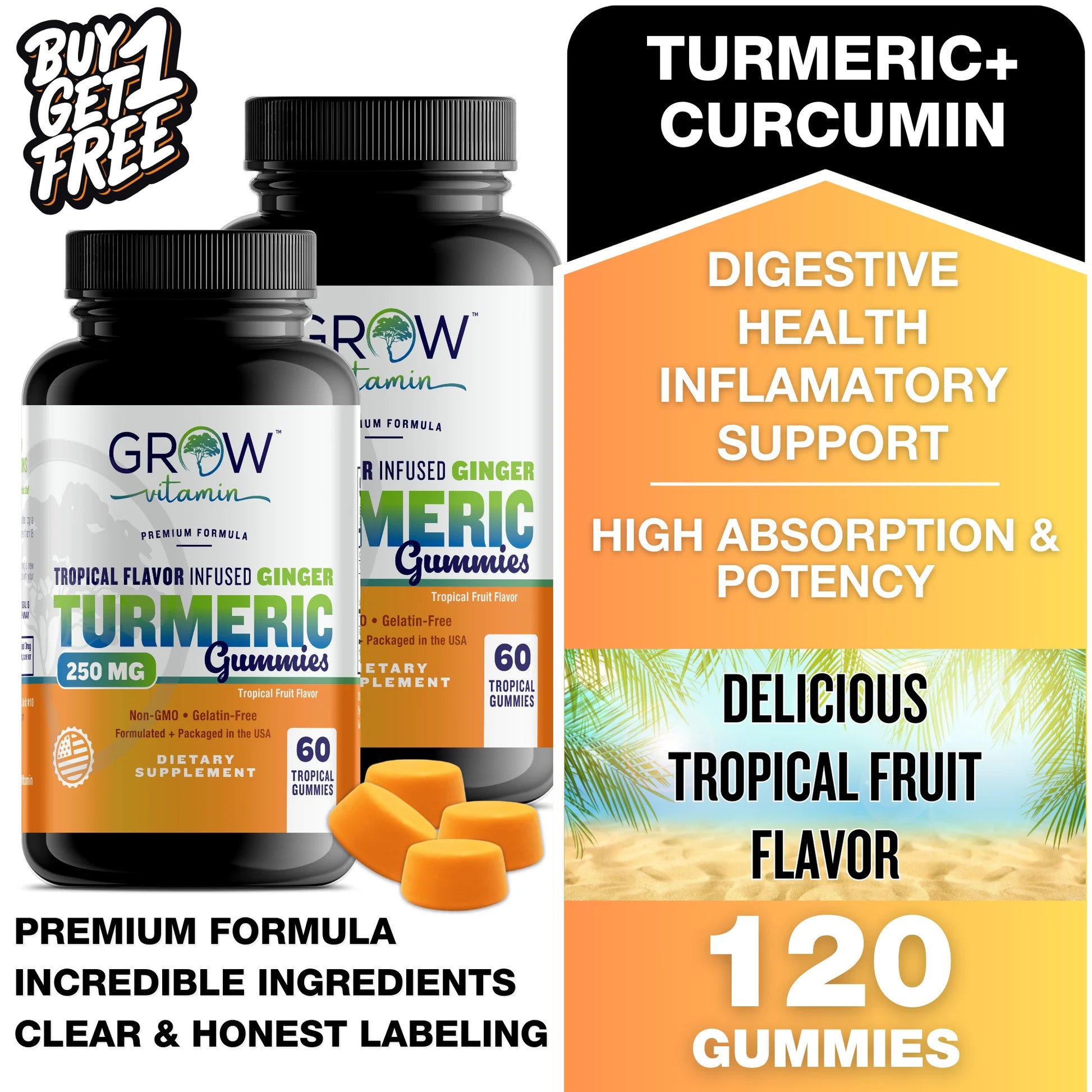 Turmeric Gummies for Adults & Kids with Ginger Extract | 95% Curcuminoids | Vegan Natural Curcumin Joint Support | 120 Turmeric Gummy Supplements (2-Pack of 60)