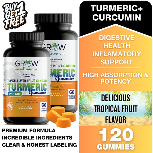 Turmeric Gummies for Adults & Kids with Ginger Extract | 95% Curcuminoids | Vegan Natural Curcumin Joint Support | 120 Turmeric Gummy Supplements (2-Pack of 60)