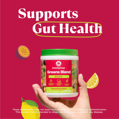 Greens Blend Mood: Super Greens Powder Smoothie Mix with Organic Spirulina, Chlorella, Beet Root Powder, Digestive Enzymes & Probiotics, 15 Servings. Passionfruit Citrus